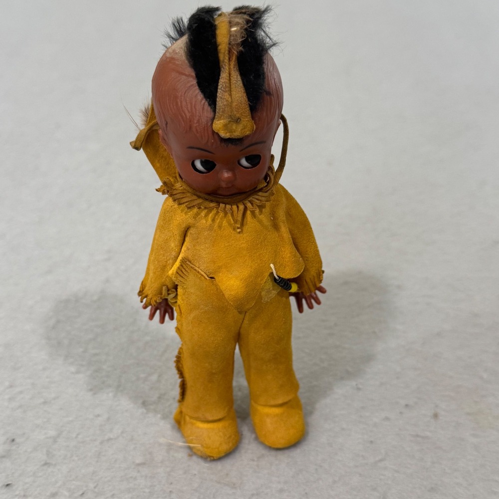 Vintage Souvenir Doll Native American Style Yellow Fringed Outfit Sleepy Eyes 6"